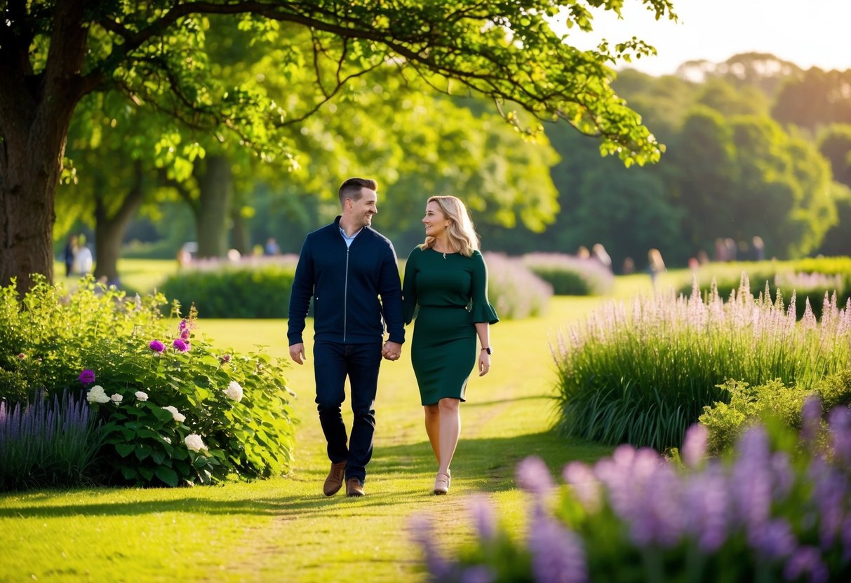 A couple walks through Heaton Park, surrounded by lush greenery and vibrant flowers. The sun casts a warm glow over the serene landscape