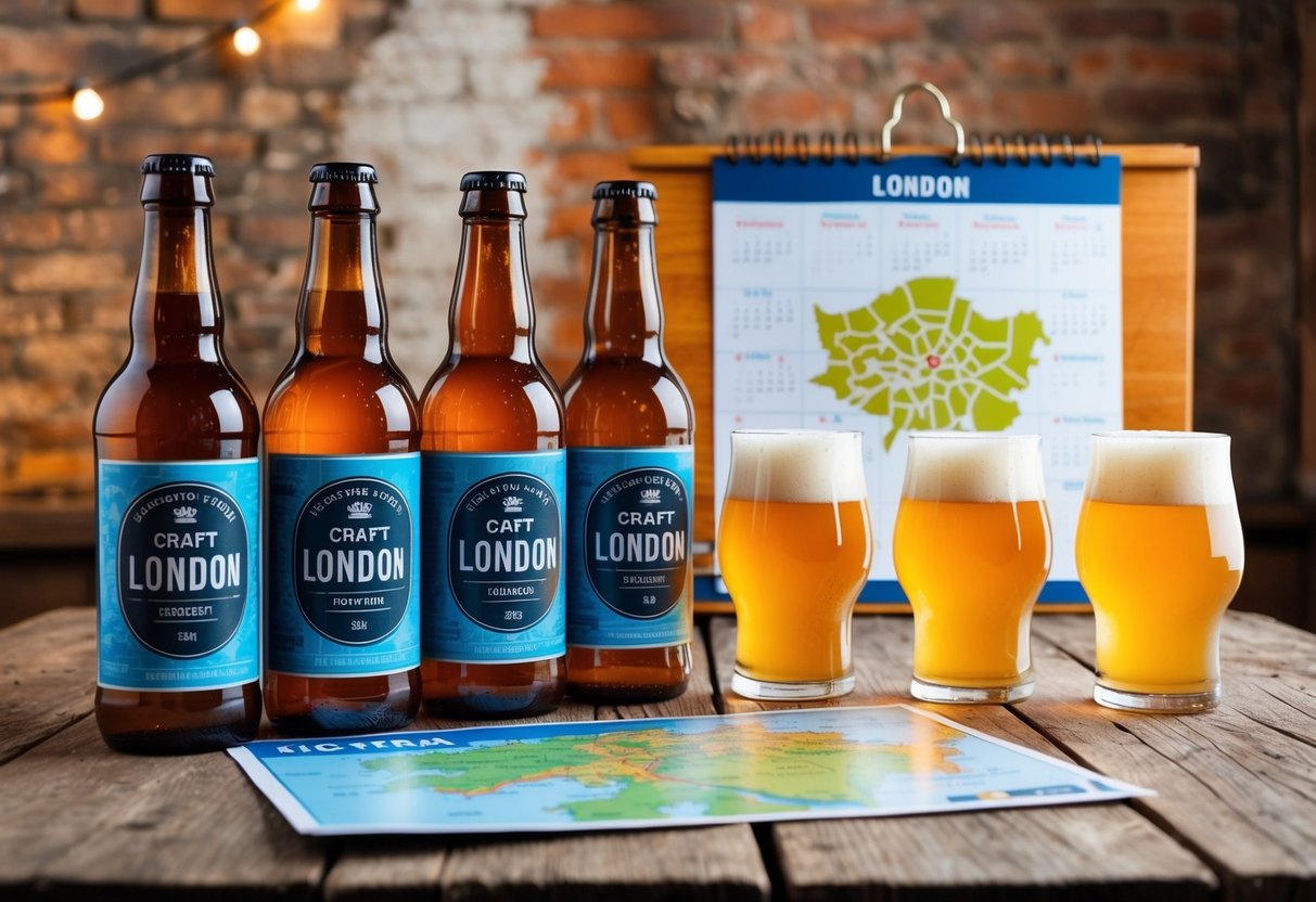 A row of craft beer bottles and glasses on a rustic wooden table, with a map of London and a calendar showing potential tour dates