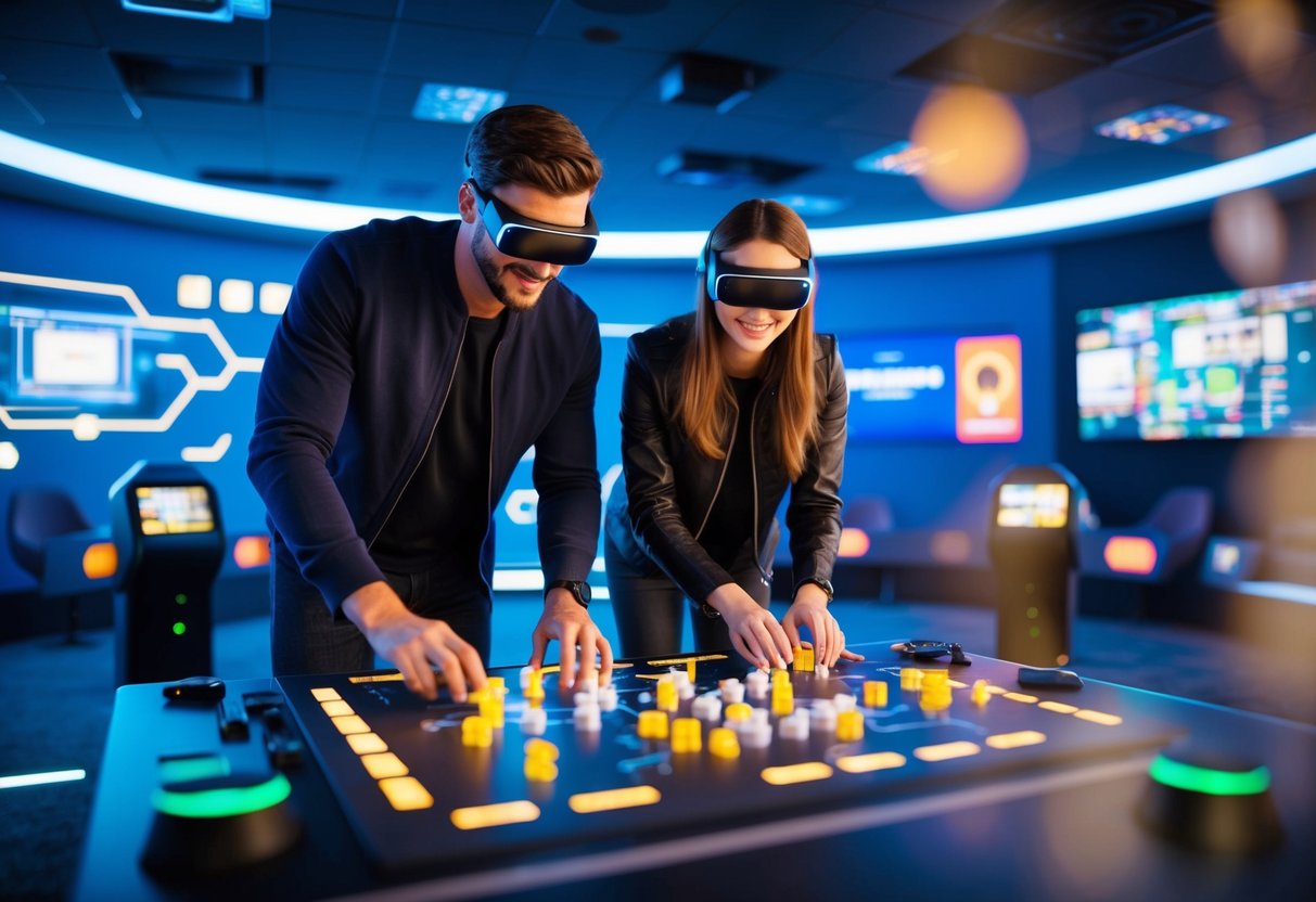 A couple solves puzzles in a futuristic virtual reality escape room, surrounded by high-tech gadgets and interactive displays