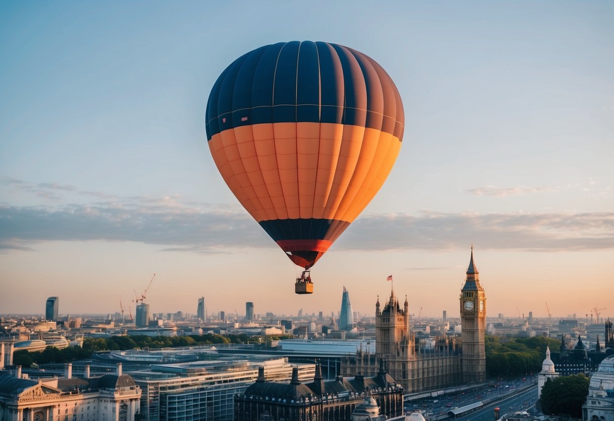A hot air balloon floats over the iconic skyline of London, with its historic landmarks and bustling streets below