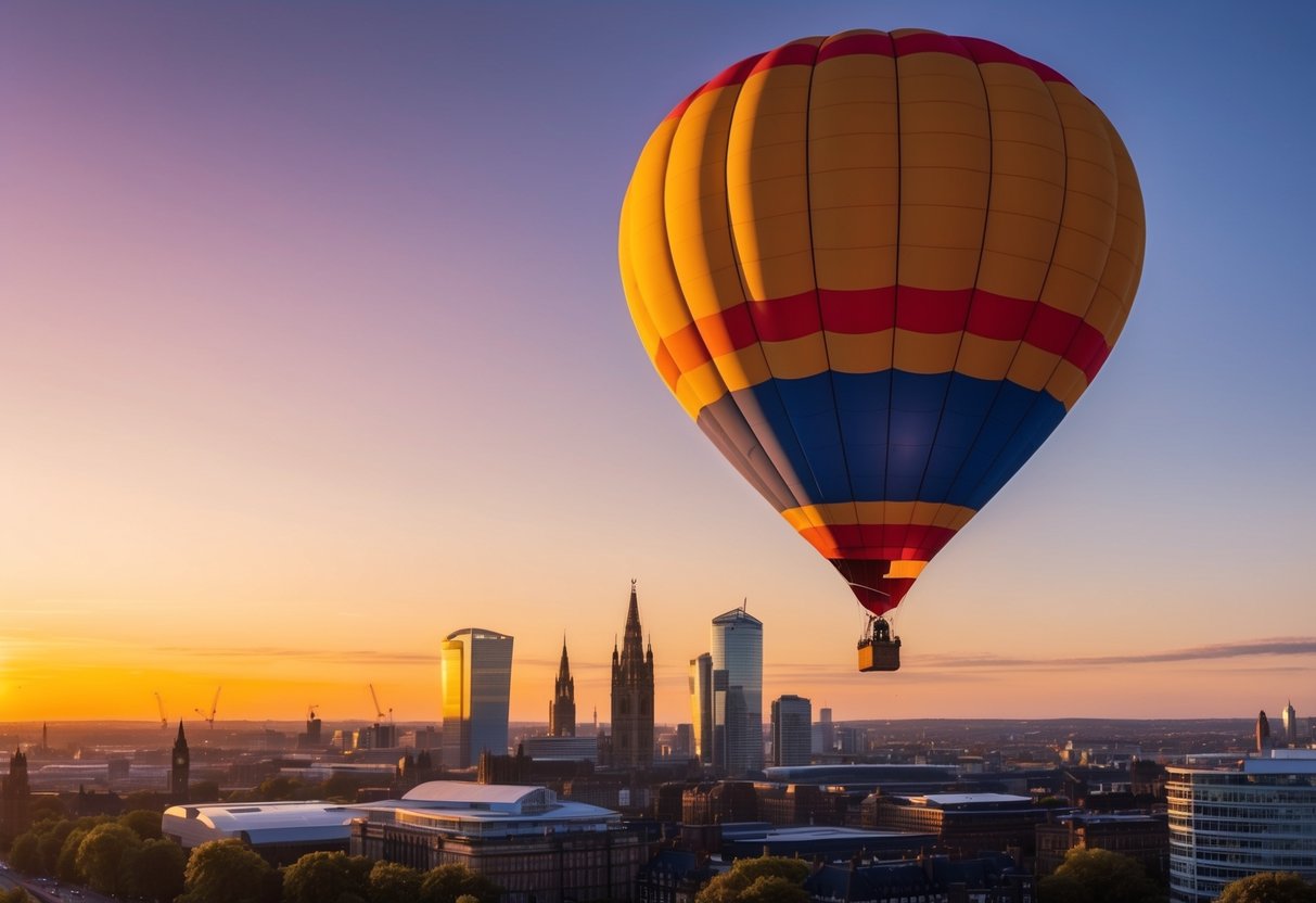 A colorful hot air balloon floats over the Manchester skyline at sunset, with the city's landmarks visible below