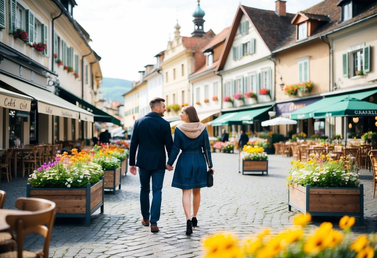 A couple strolling through a charming town square, passing by quaint cafes and shops, with a backdrop of historic buildings and colorful flower gardens