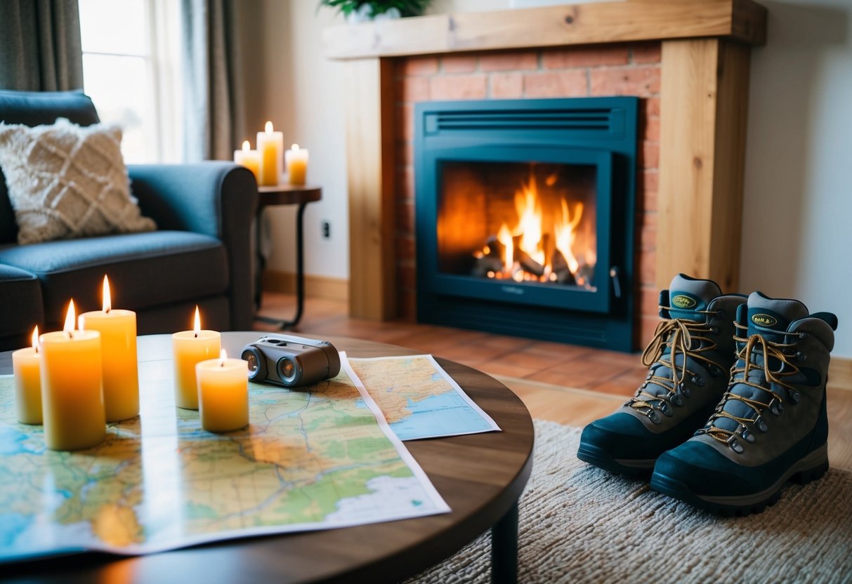 A cozy living room with a crackling fireplace, a table set with candles and a map, and two pairs of hiking boots by the door