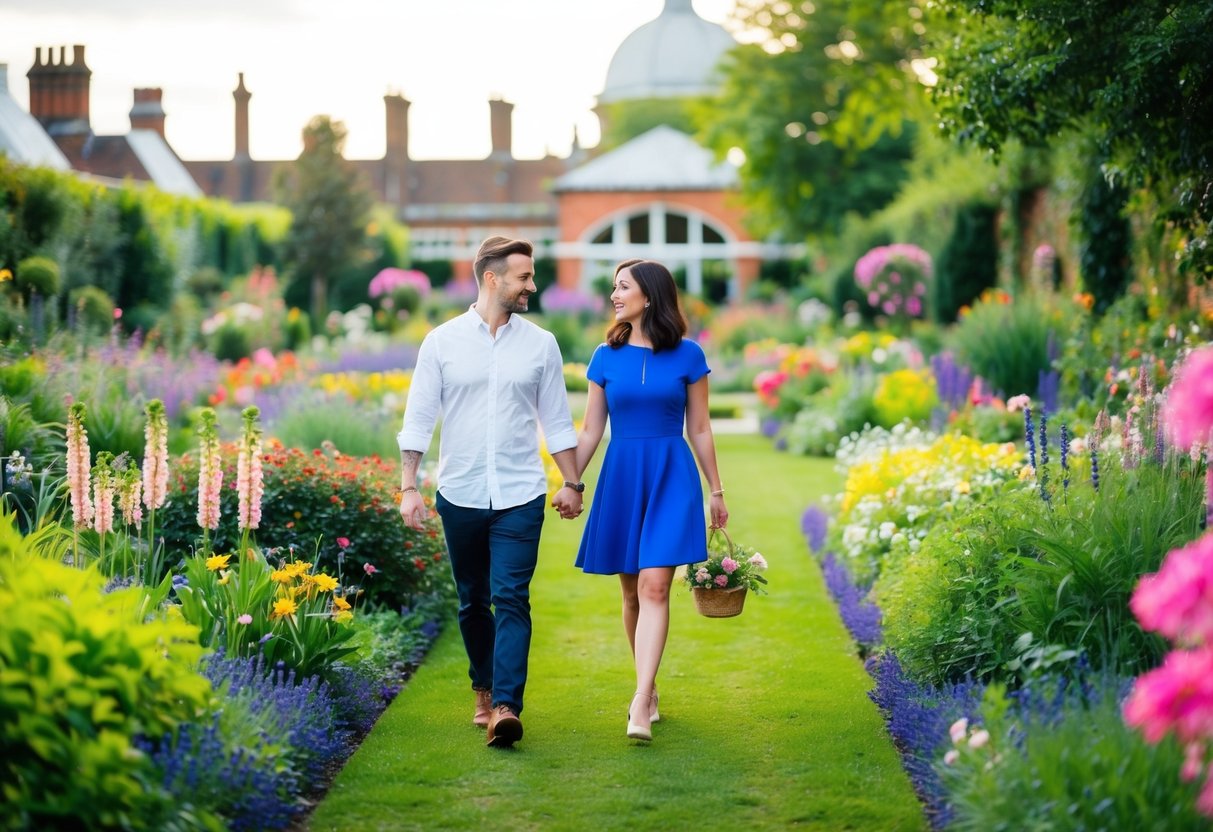 A couple strolls through the lush and colorful Chelsea Physic Garden in London, surrounded by vibrant flowers and greenery