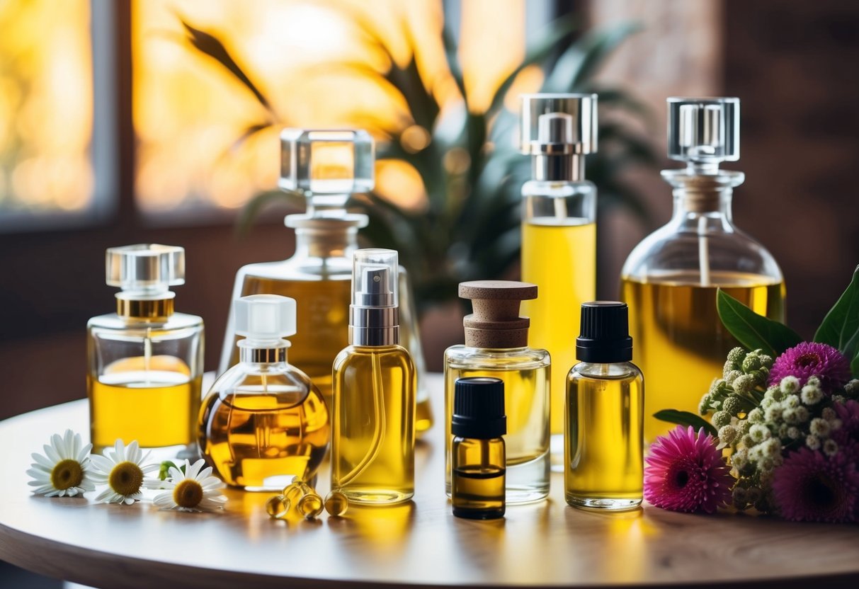 A table with various glass bottles, oils, and flowers arranged for creating perfume at The Perfume Studio
