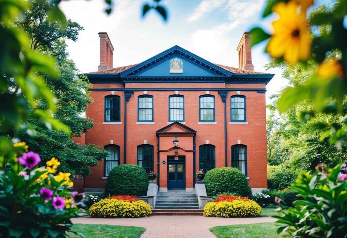 A historic red-brick building with a blue plaque, surrounded by lush greenery and colorful flowers