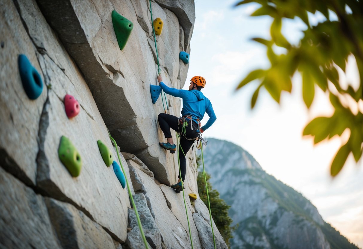 A climber ascends a steep rock face at Rock Over Climbing, surrounded by colorful holds and ropes