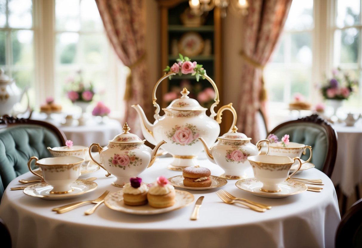 A whimsical tea party set in a Victorian-inspired tea room, with ornate teapots, delicate pastries, and floral decor creating a charming and cozy atmosphere