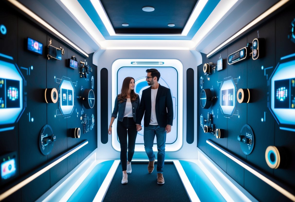 A couple navigates through a futuristic virtual reality escape room in London, surrounded by high-tech gadgets and interactive puzzles