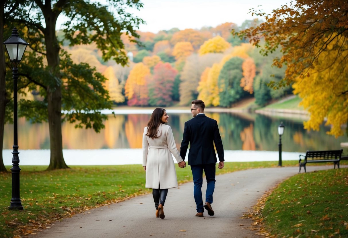 A couple strolling hand in hand through a picturesque park in Birmingham, with a backdrop of colorful autumn foliage and a serene lake