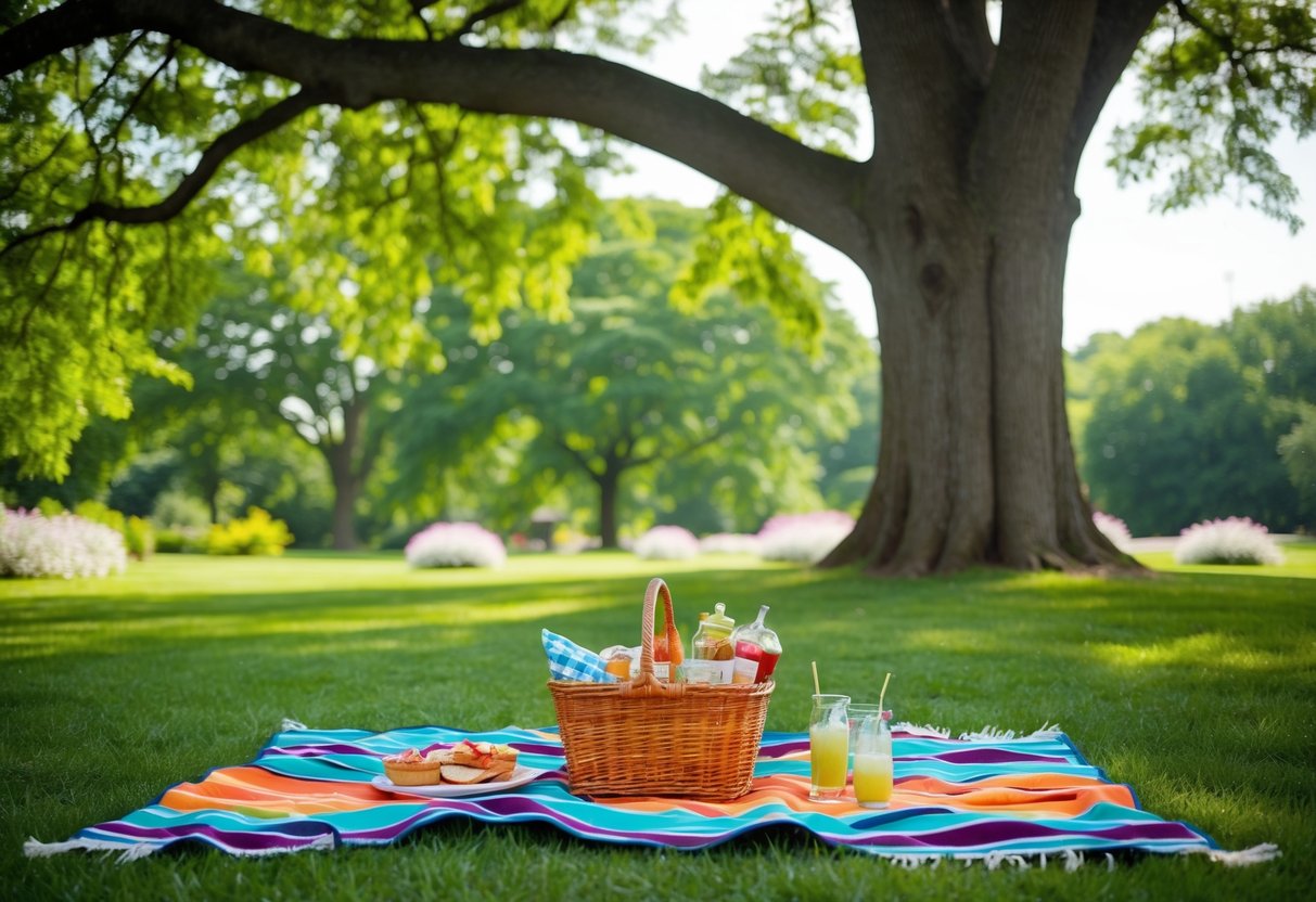 A colorful picnic blanket spread under a large tree in Cannon Hill Park, surrounded by lush greenery and blooming flowers. A wicker basket filled with delicious food and drinks sits in the center