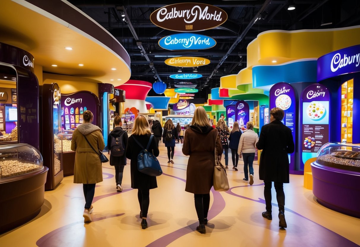 Visitors stroll through colorful exhibits at Cadbury World, Birmingham. Chocolate-themed displays and interactive attractions create a fun and engaging atmosphere