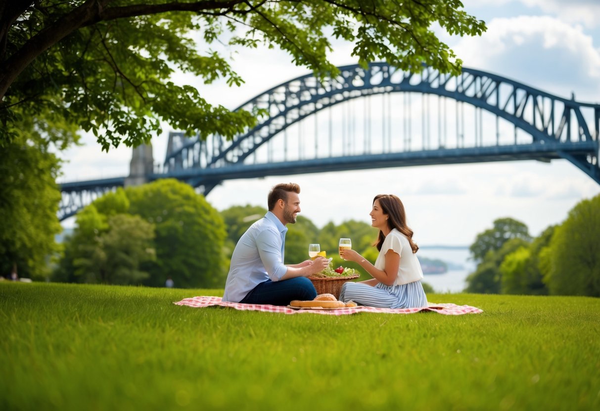 A couple picnicking in a lush green park with a view of the Clifton Suspension Bridge in the background