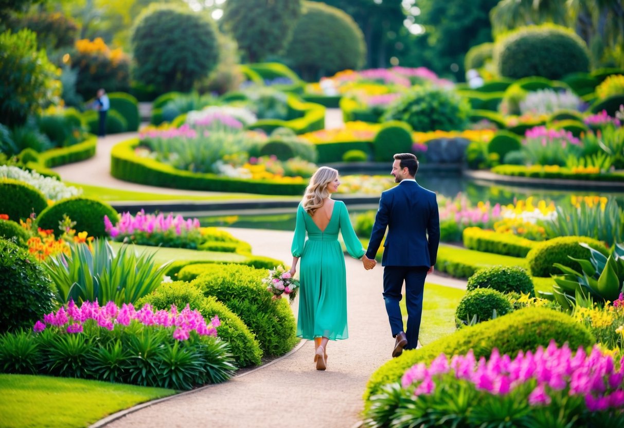 Lush botanical gardens with winding paths, colorful flowers, and serene ponds. A couple strolls hand in hand, surrounded by vibrant greenery