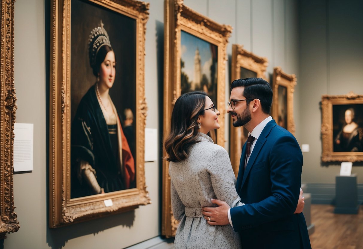 A couple admires a painting at Birmingham Museum & Art Gallery, surrounded by ornate frames and historical artifacts