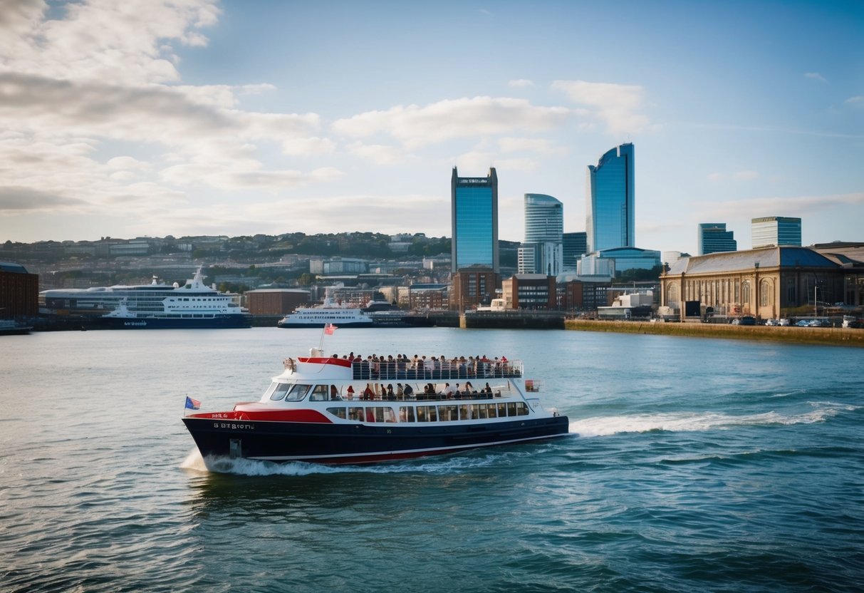 A boat tour in Bristol Harbour with city skyline in the background