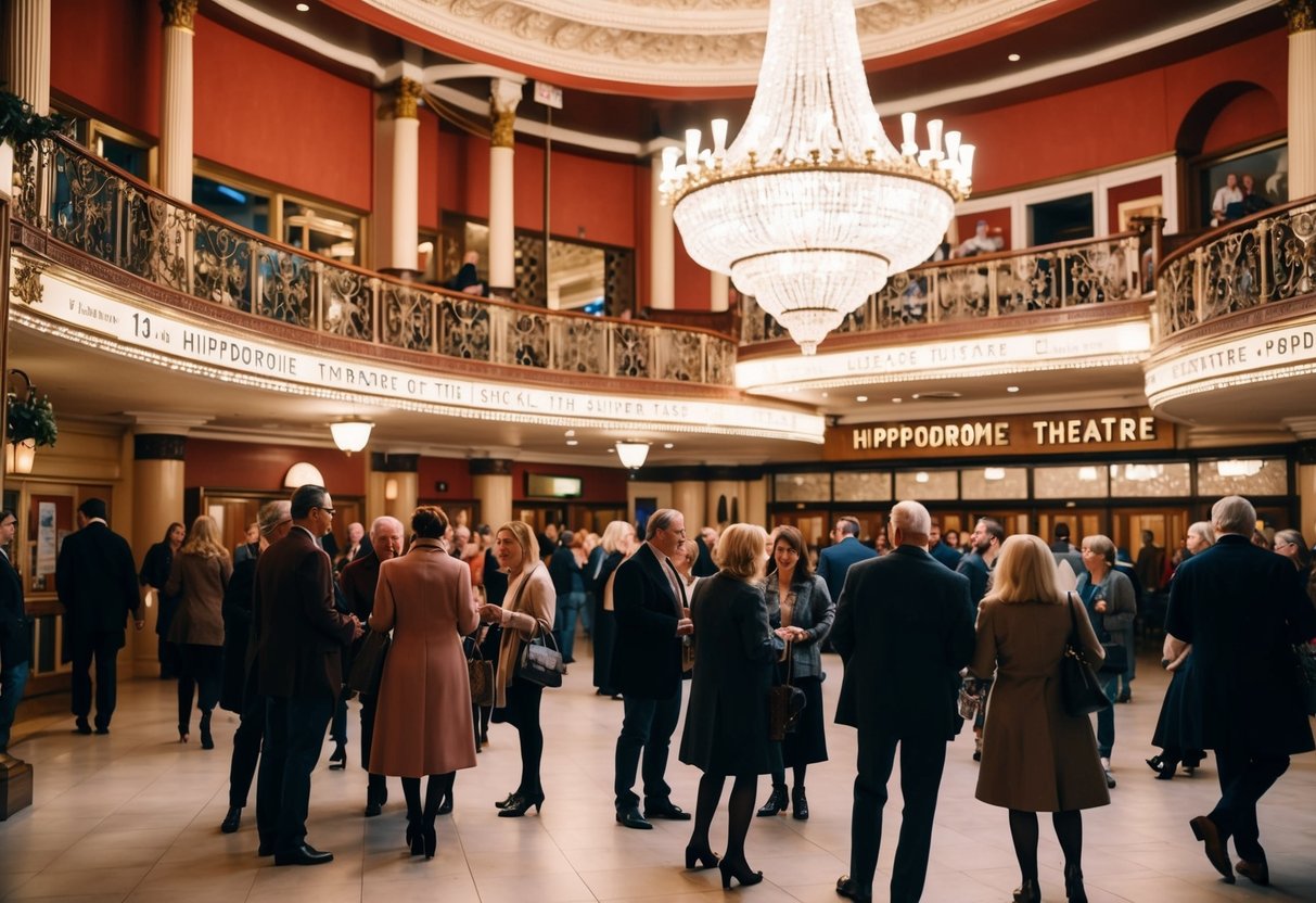 A bustling theatre lobby with elegant decor and a grand chandelier, patrons mingling before entering the show at Hippodrome Theatre