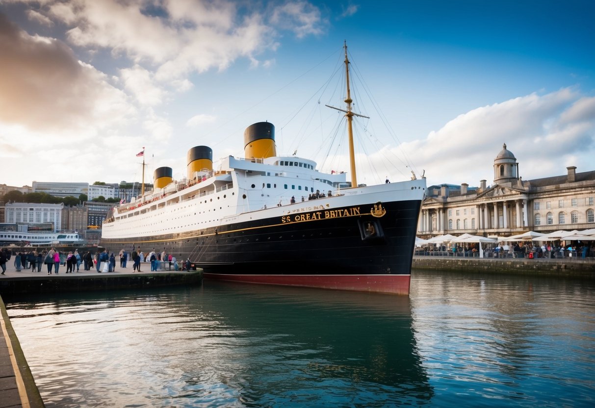 The SS Great Britain docked in Bristol's harbor, surrounded by historic buildings and bustling with visitors