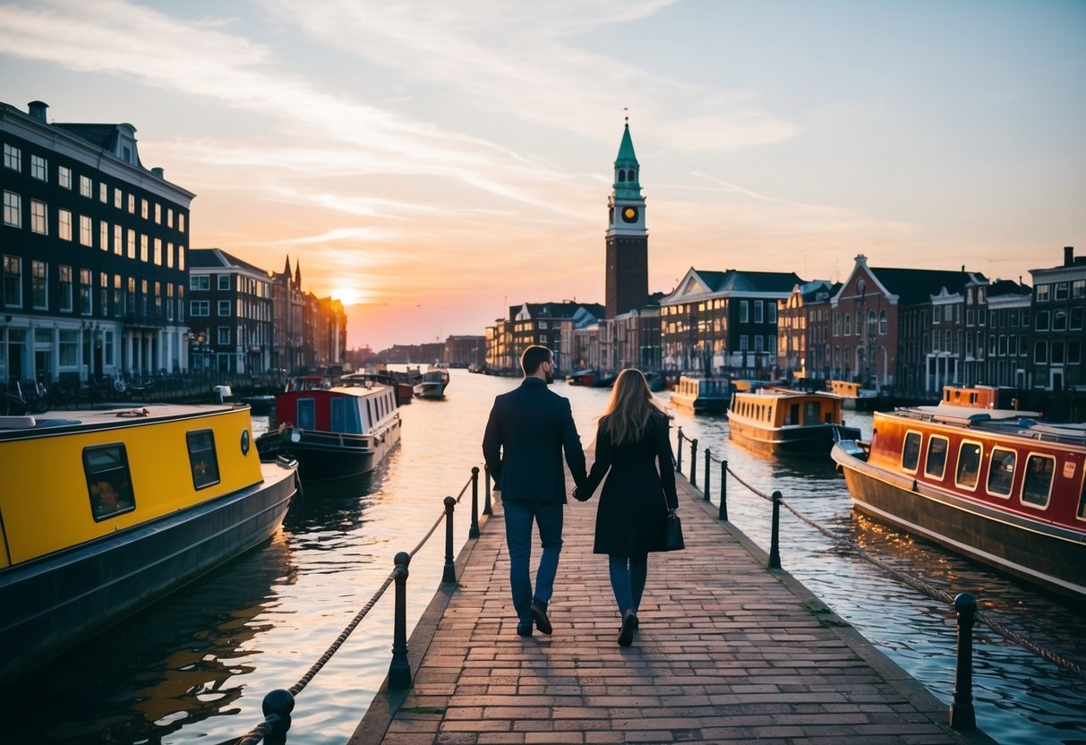 A couple strolls along Gas Street Basin at sunset, passing colorful canal boats and historic buildings