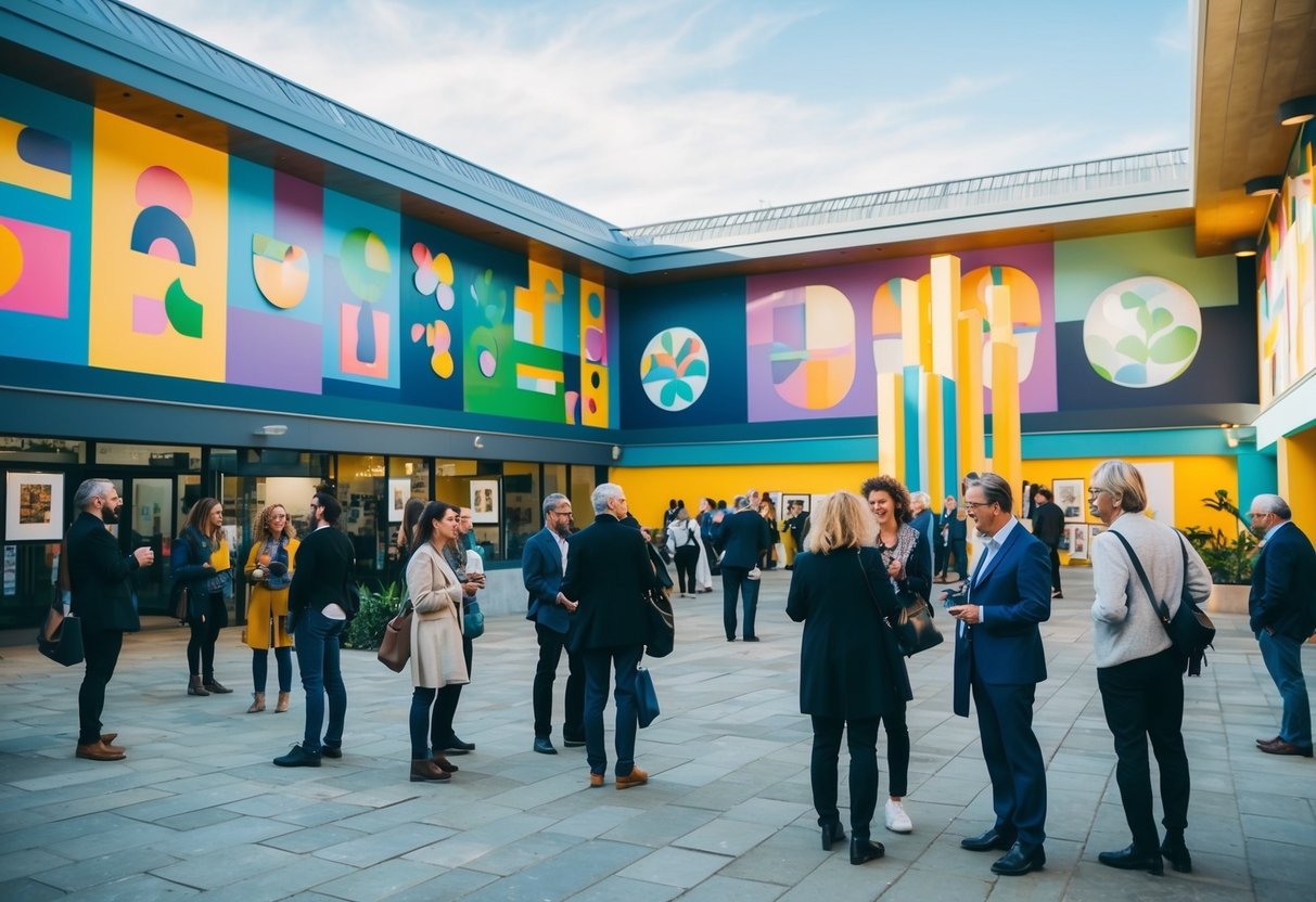 An arts center in Bristol with colorful murals and sculptures, people browsing exhibits and chatting in the courtyard