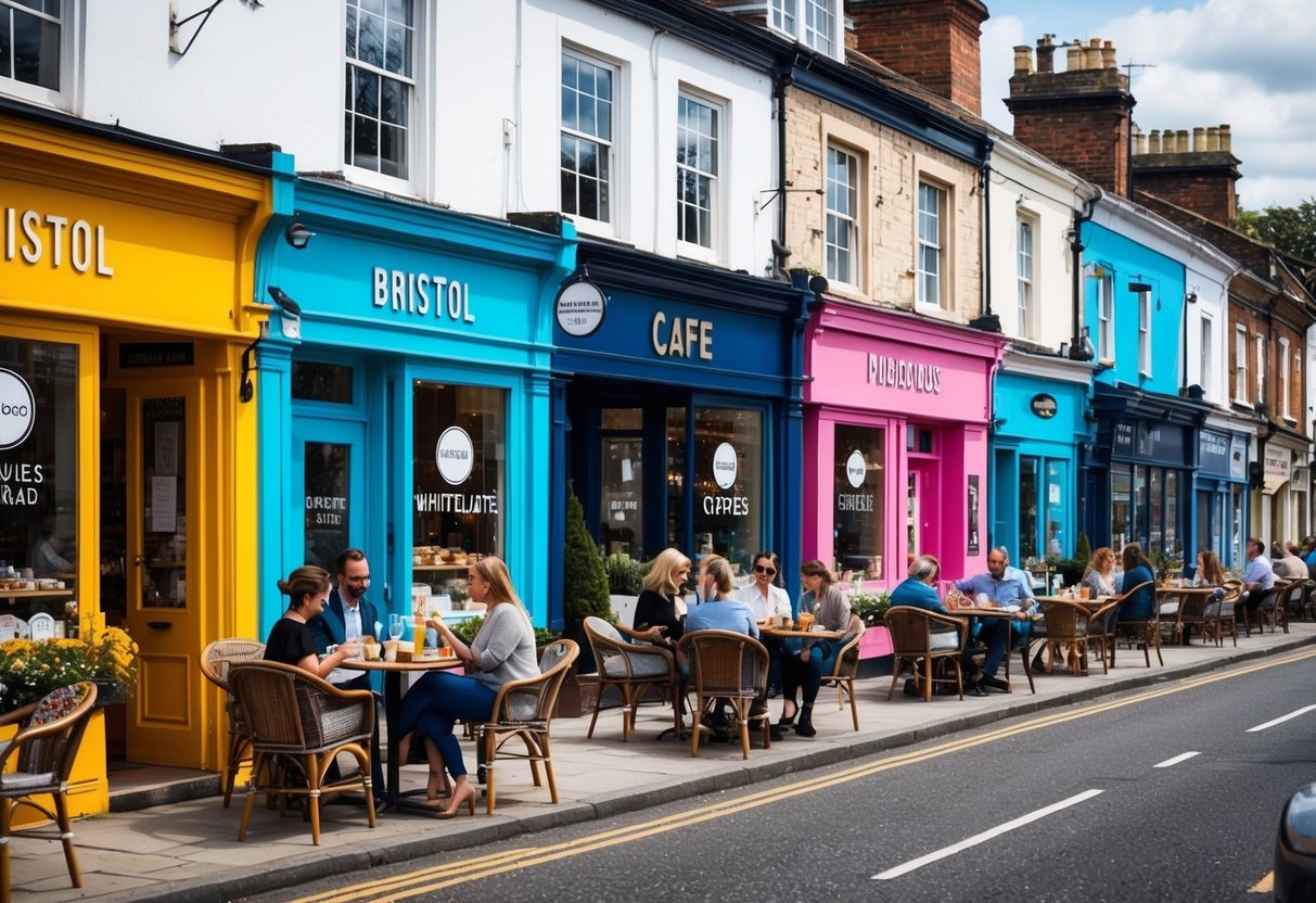 A row of charming cafes along Whiteladies Road in Bristol, with outdoor seating and colorful storefronts, bustling with customers enjoying coffee and pastries