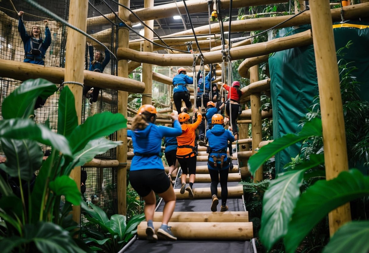 A group of people navigate through an indoor jungle, tackling obstacle courses and zip lines at The Bear Grylls Adventure in Birmingham