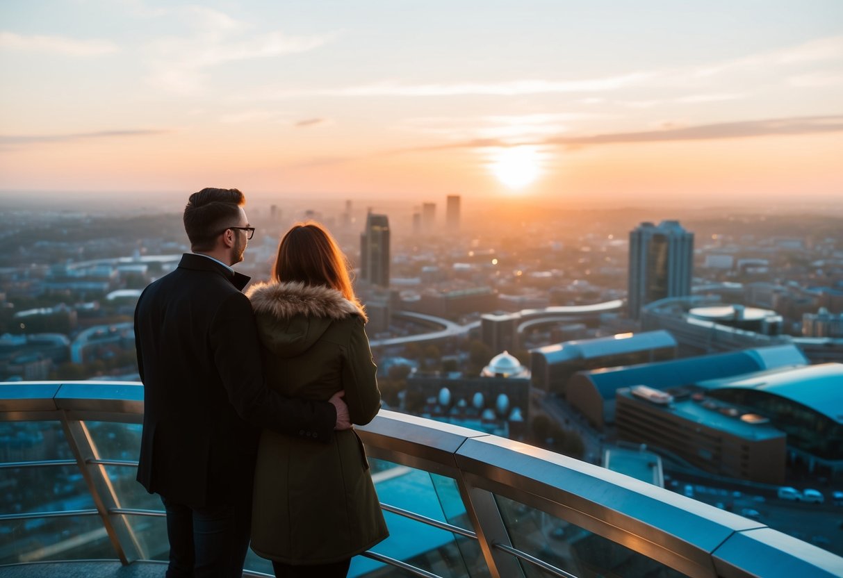 A couple stands at the top of Cabot Tower, gazing out at the panoramic view of Bristol. The sun sets behind the city skyline, casting a warm glow over the scene