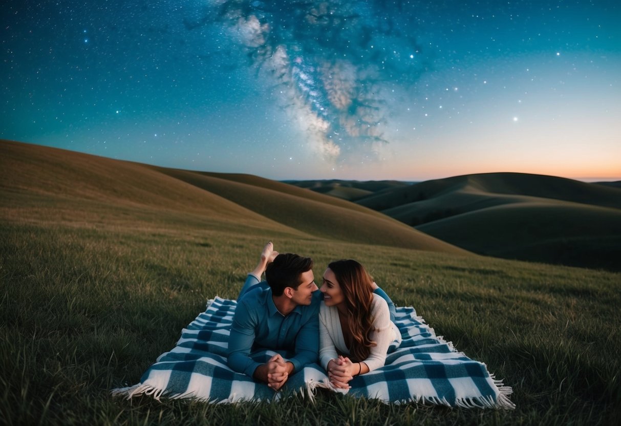 A couple lying on a blanket, surrounded by rolling hills and a clear night sky filled with stars