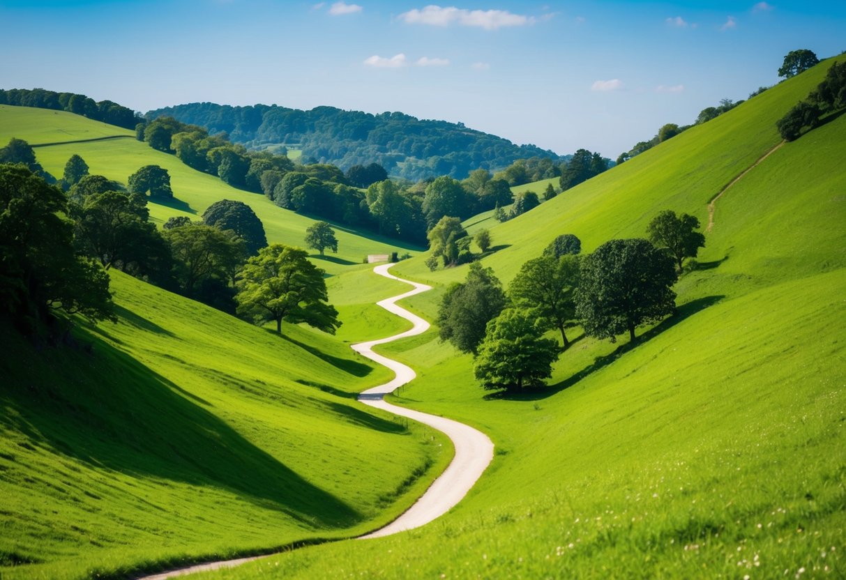 A winding path through lush green hills, with scattered trees and a clear blue sky above