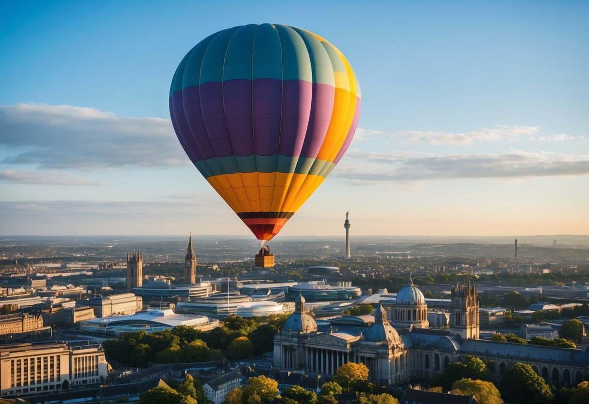 A colorful hot air balloon floats over the city of Bristol, with its iconic landmarks and scenic landscapes below