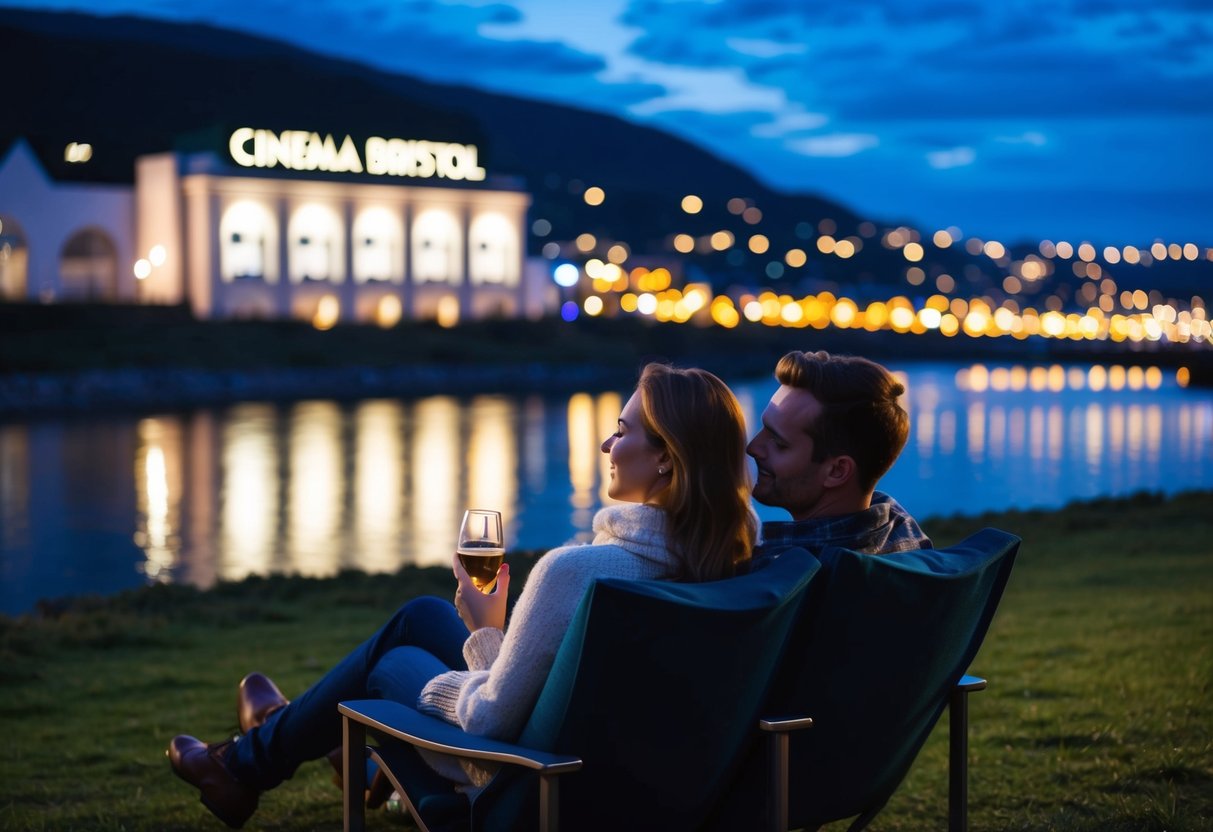 A couple enjoys a romantic evening at a cinema in Bristol, nestled by a picturesque watershed with twinkling city lights in the background