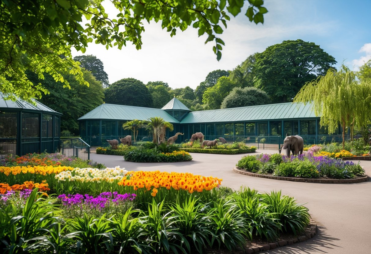 A sunny day at Bristol Zoo Gardens, with colorful flowers, lush greenery, and exotic animals in their enclosures