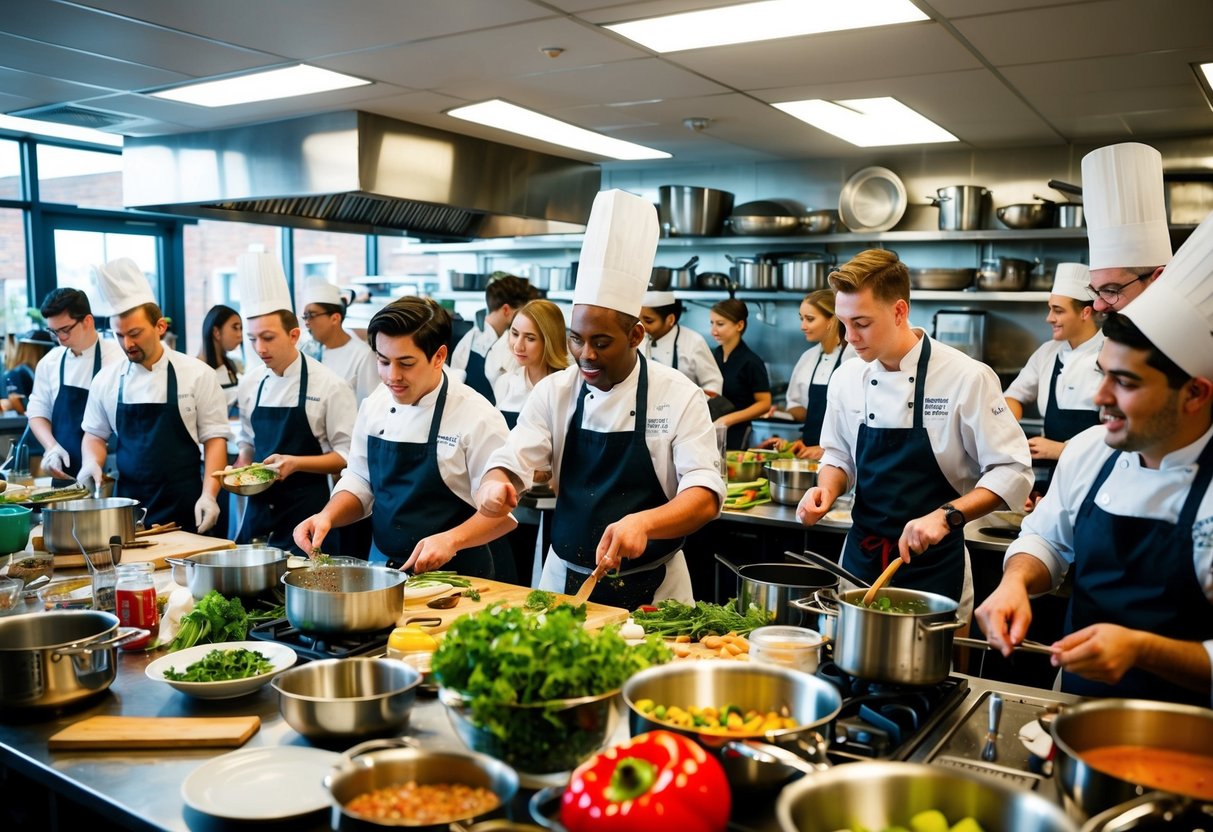 A bustling kitchen filled with students and chefs, surrounded by pots, pans, and fresh ingredients, as they eagerly participate in a cooking class at Birmingham School of Food