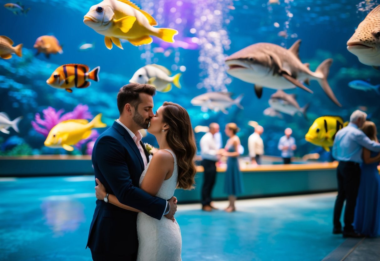 A couple enjoys a romantic evening at Bristol Aquarium, surrounded by colorful underwater creatures