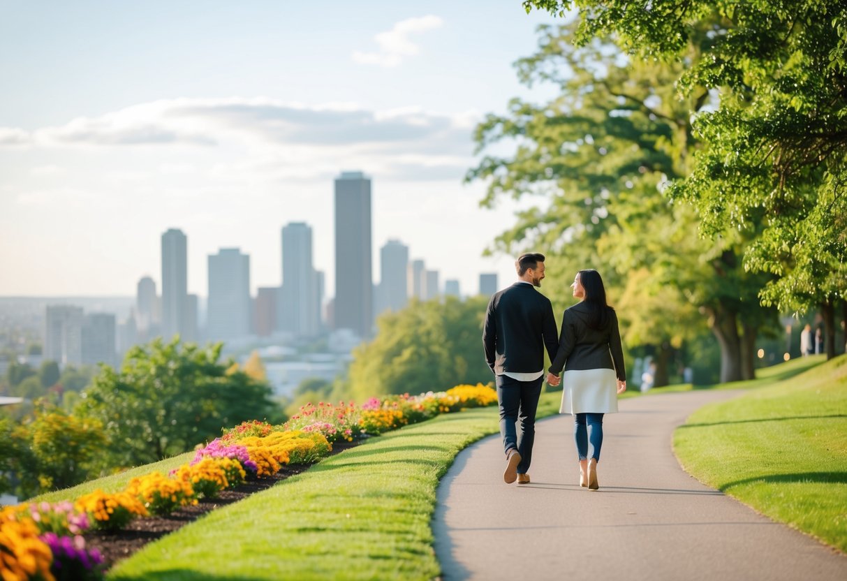 A couple strolling through Brandon Hill Park, surrounded by lush greenery and colorful flowers, with a view of the city in the background