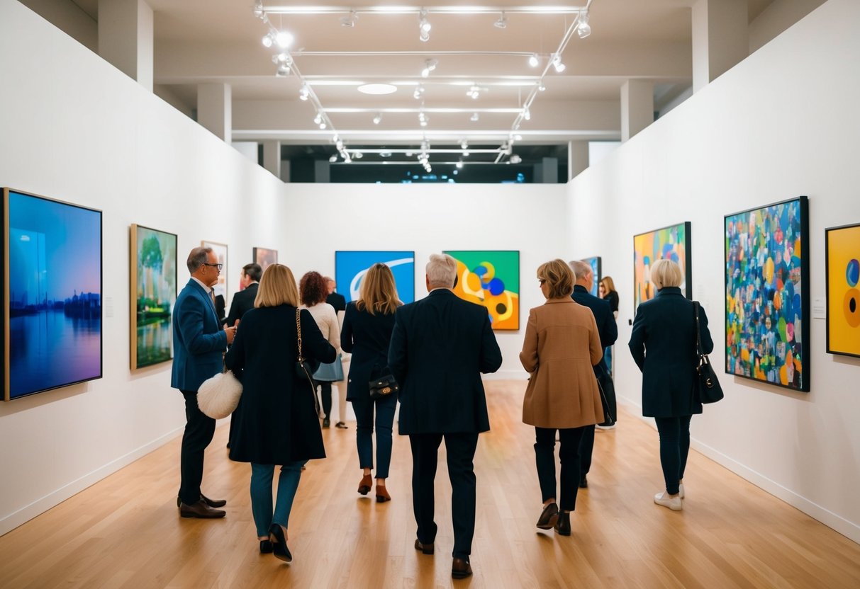 Visitors explore Ikon Gallery's modern art, surrounded by vibrant paintings and sculptures