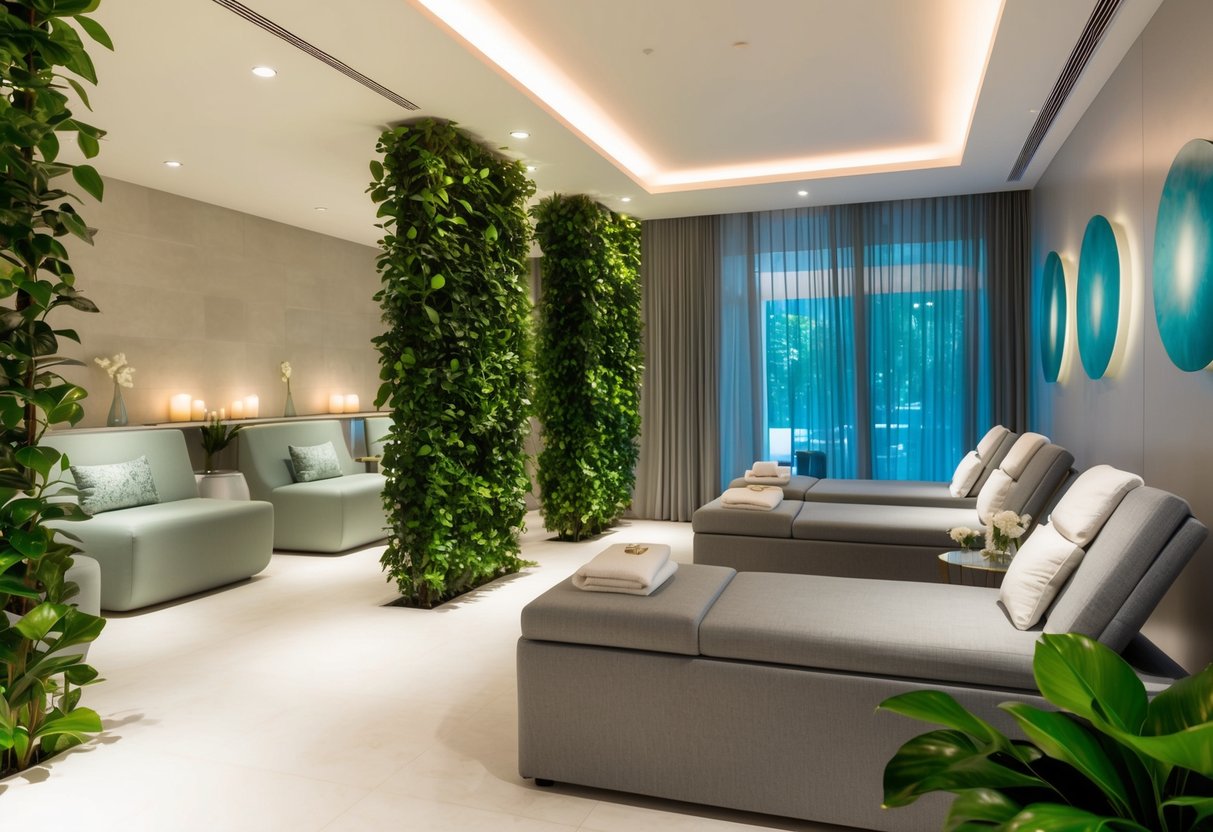 A tranquil spa with modern decor, soft lighting, and lush greenery. A serene atmosphere with comfortable seating and soothing music