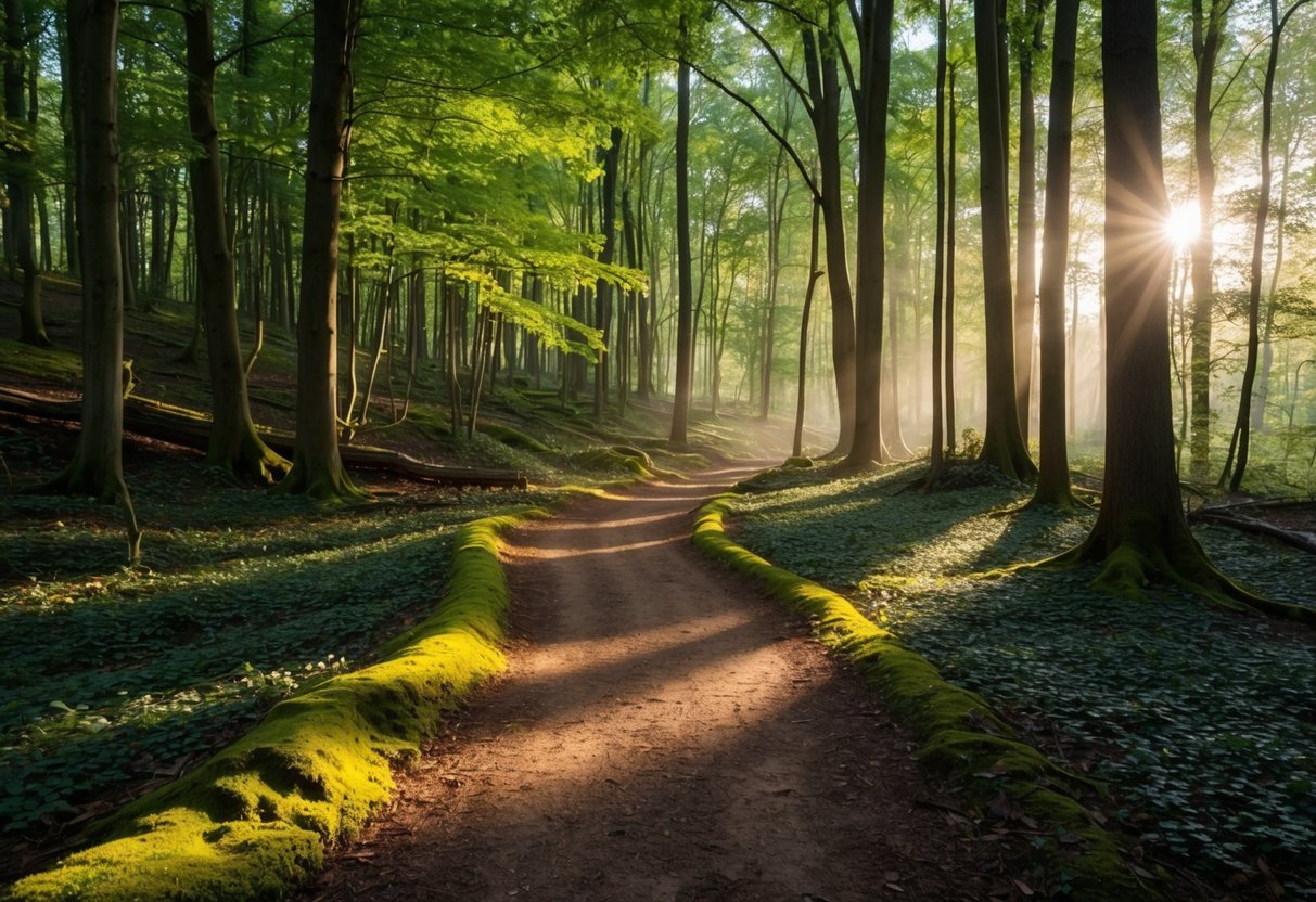 A winding forest trail in Leigh Woods, with sunlight filtering through the dense canopy, creating dappled shadows on the moss-covered ground