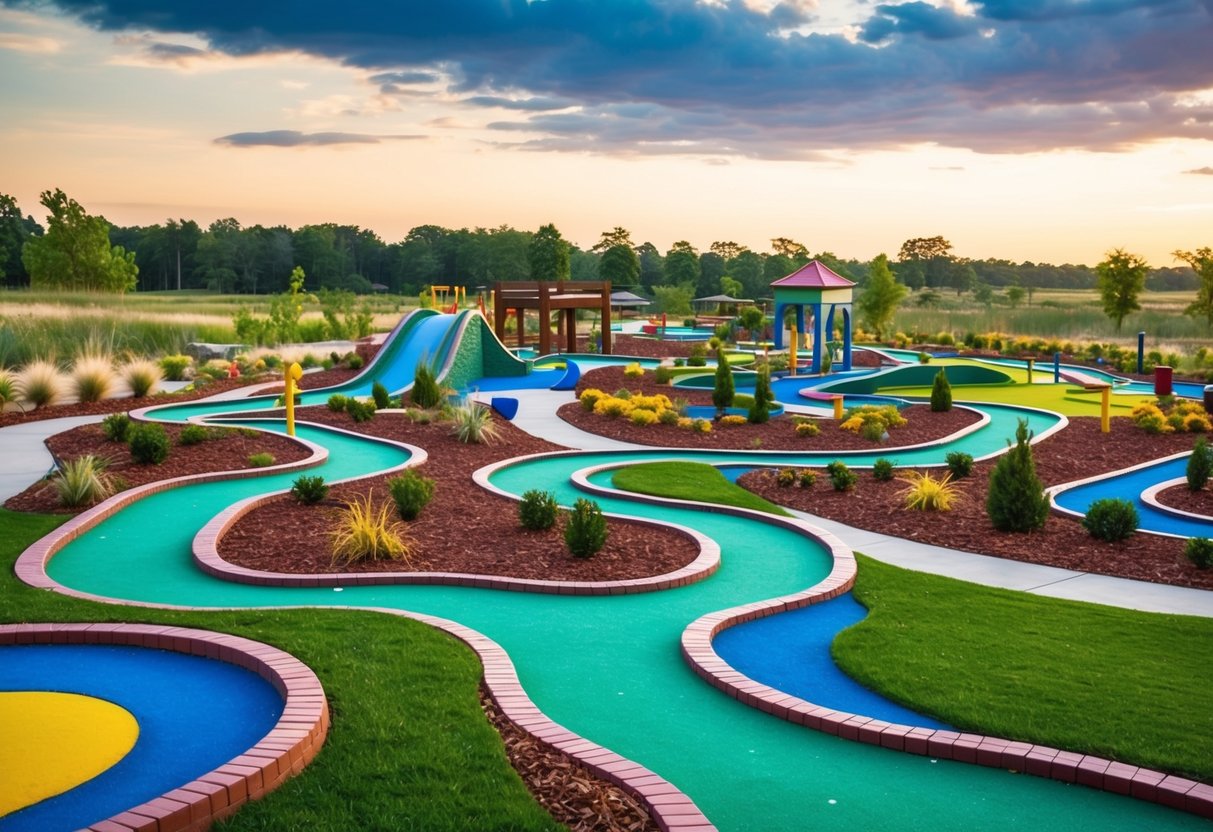 A colorful mini-golf course with winding paths, obstacles, and vibrant landscaping