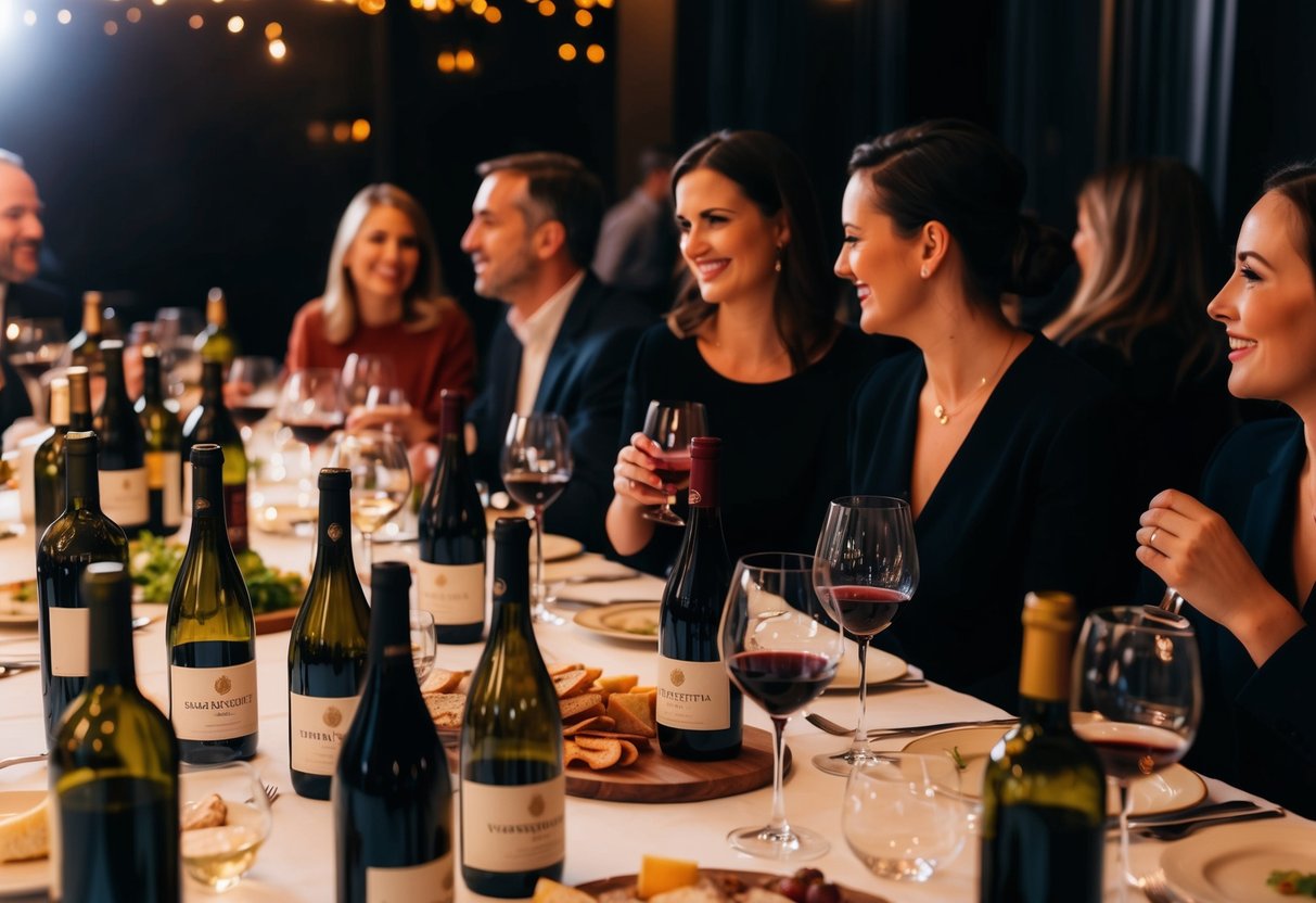 Tables lined with wine bottles, glasses, and charcuterie. Dim lighting and cozy atmosphere. Guests chatting and savoring the various wine selections