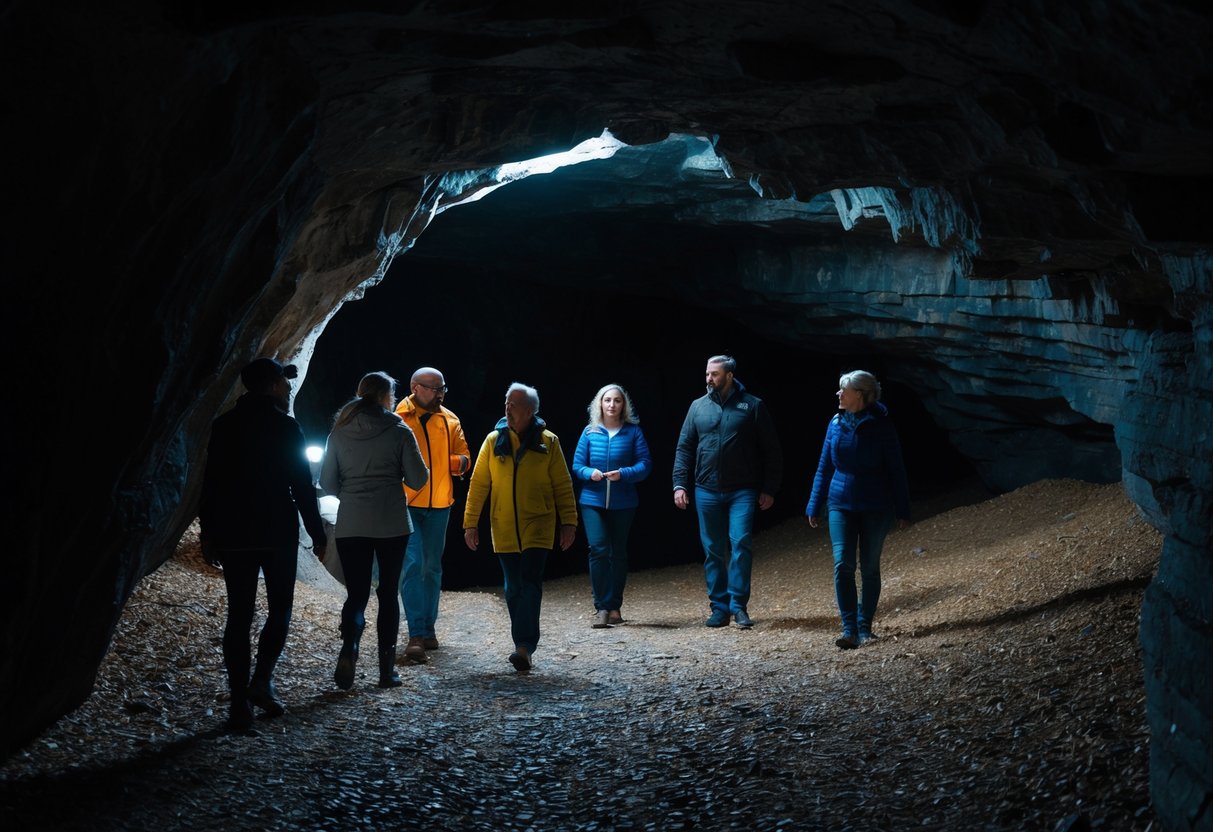 A group of people explore the dark and mysterious Redcliffe Caves in Bristol, guided by a knowledgeable tour guide