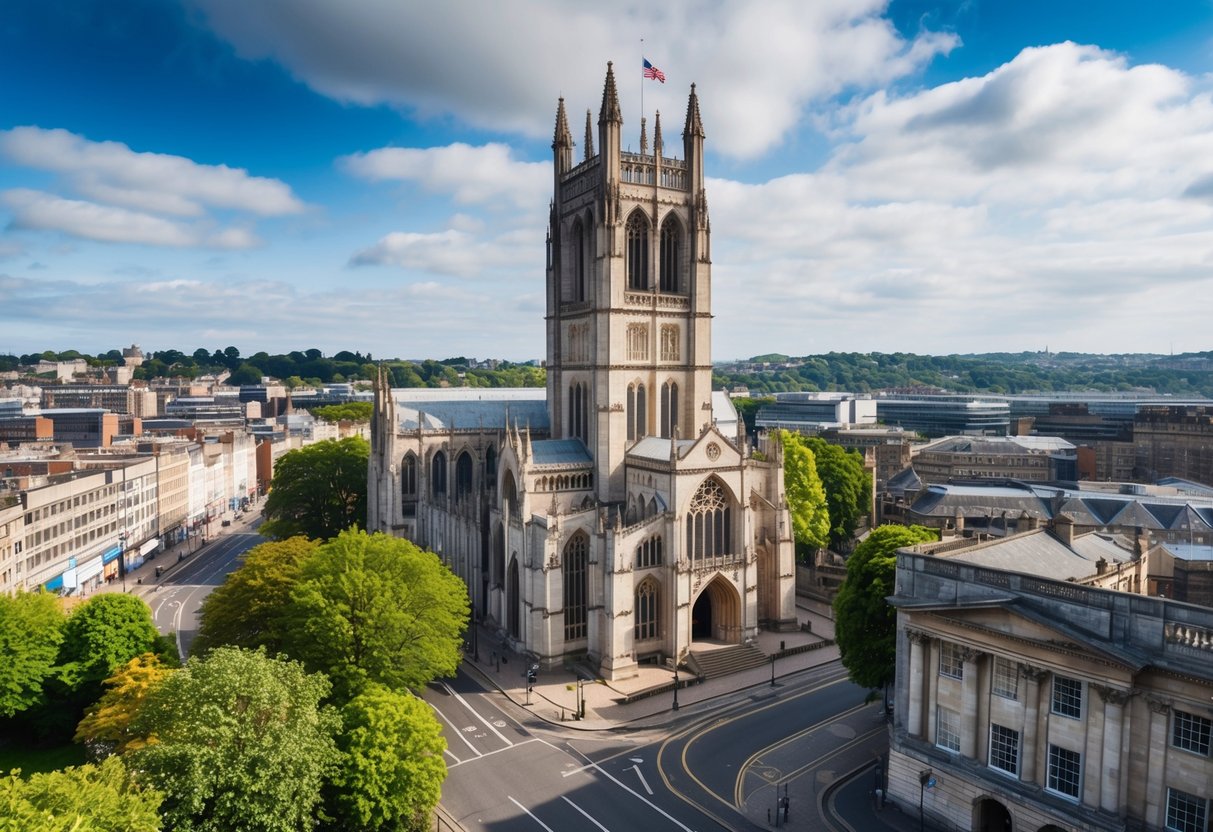 The grand Bristol Cathedral stands tall amidst historic city streets, surrounded by lush greenery and ancient architecture