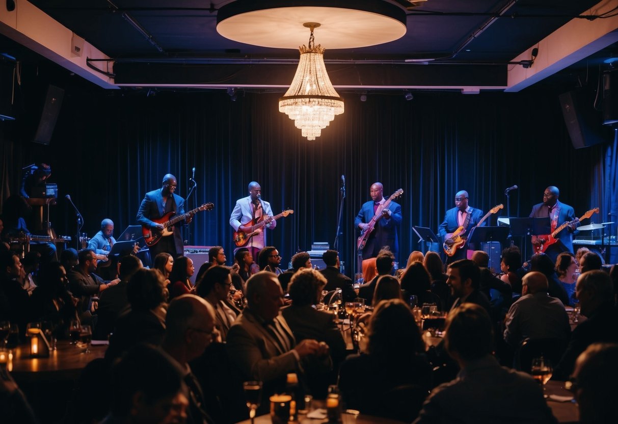 A bustling jazz night at The Jam House, with musicians on stage, dim lighting, and a lively crowd enjoying the music