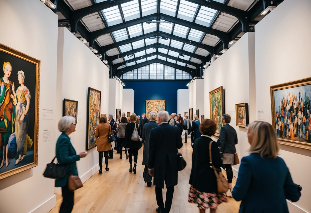 A bustling art exhibit at the Royal West of England Academy in Bristol, with vibrant paintings and sculptures on display