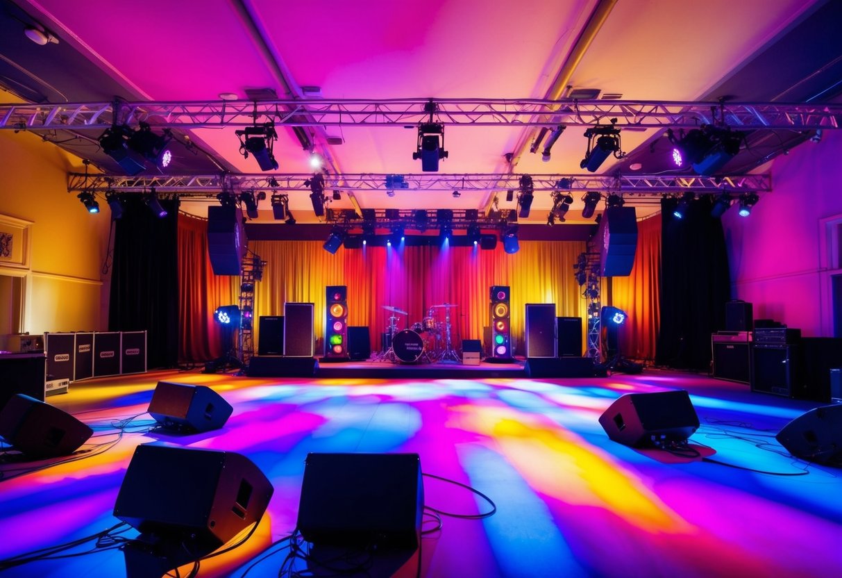 A colorful event space in Bristol with a stage, lighting, and sound equipment for a gig