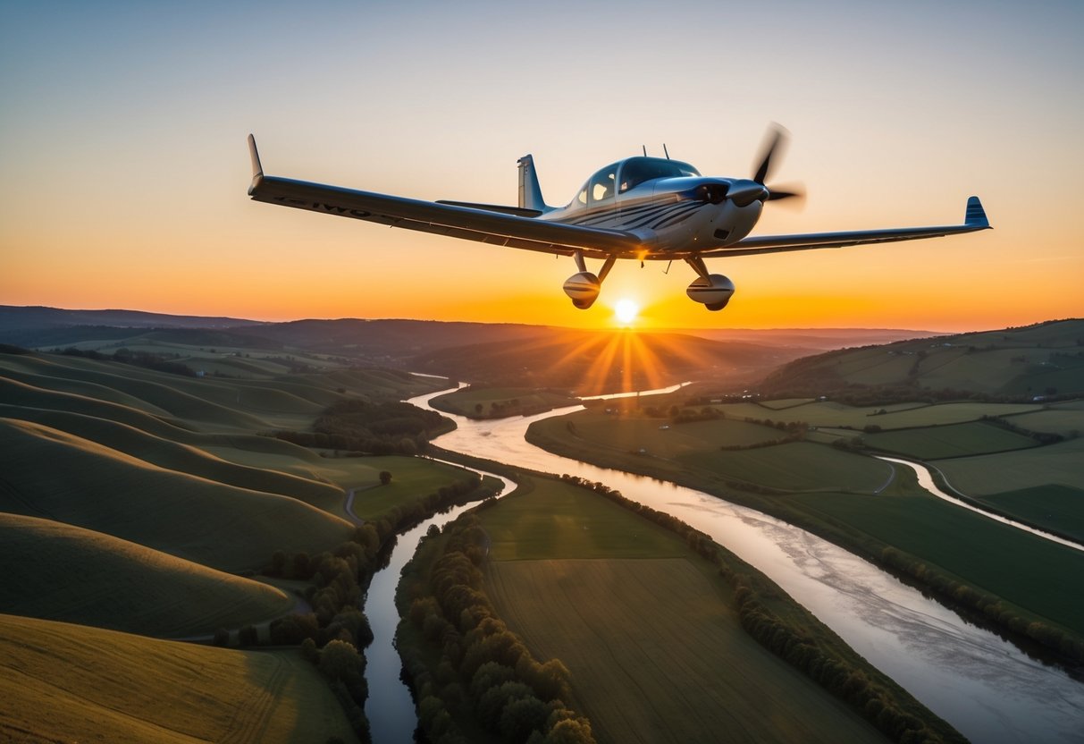 A small plane soars over rolling hills and winding rivers, with a vibrant sunset casting a warm glow over the landscape