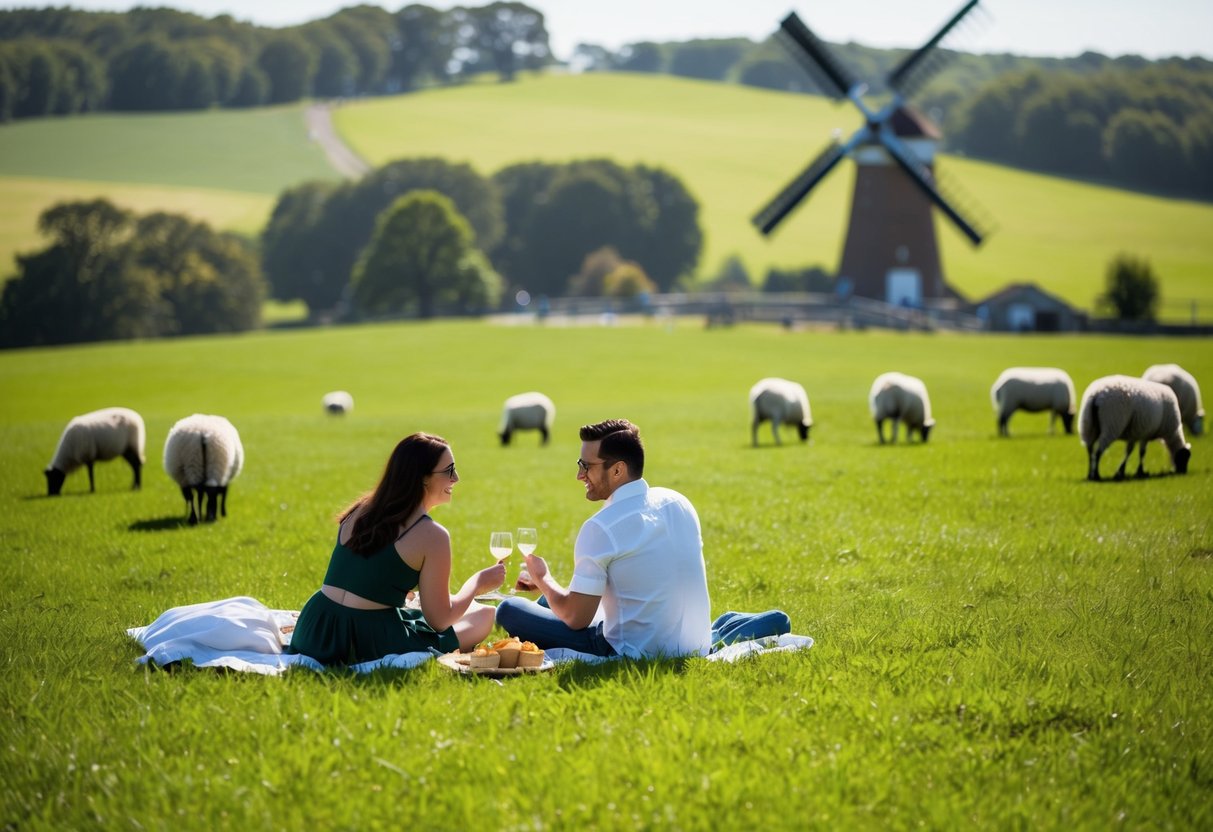 A couple picnicking in a lush, green field at Windmill Hill City Farm. Sheep graze nearby, and the windmill stands tall in the distance