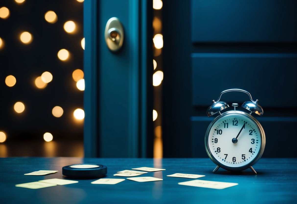 A dimly lit room with a locked door, scattered clues, and a ticking timer