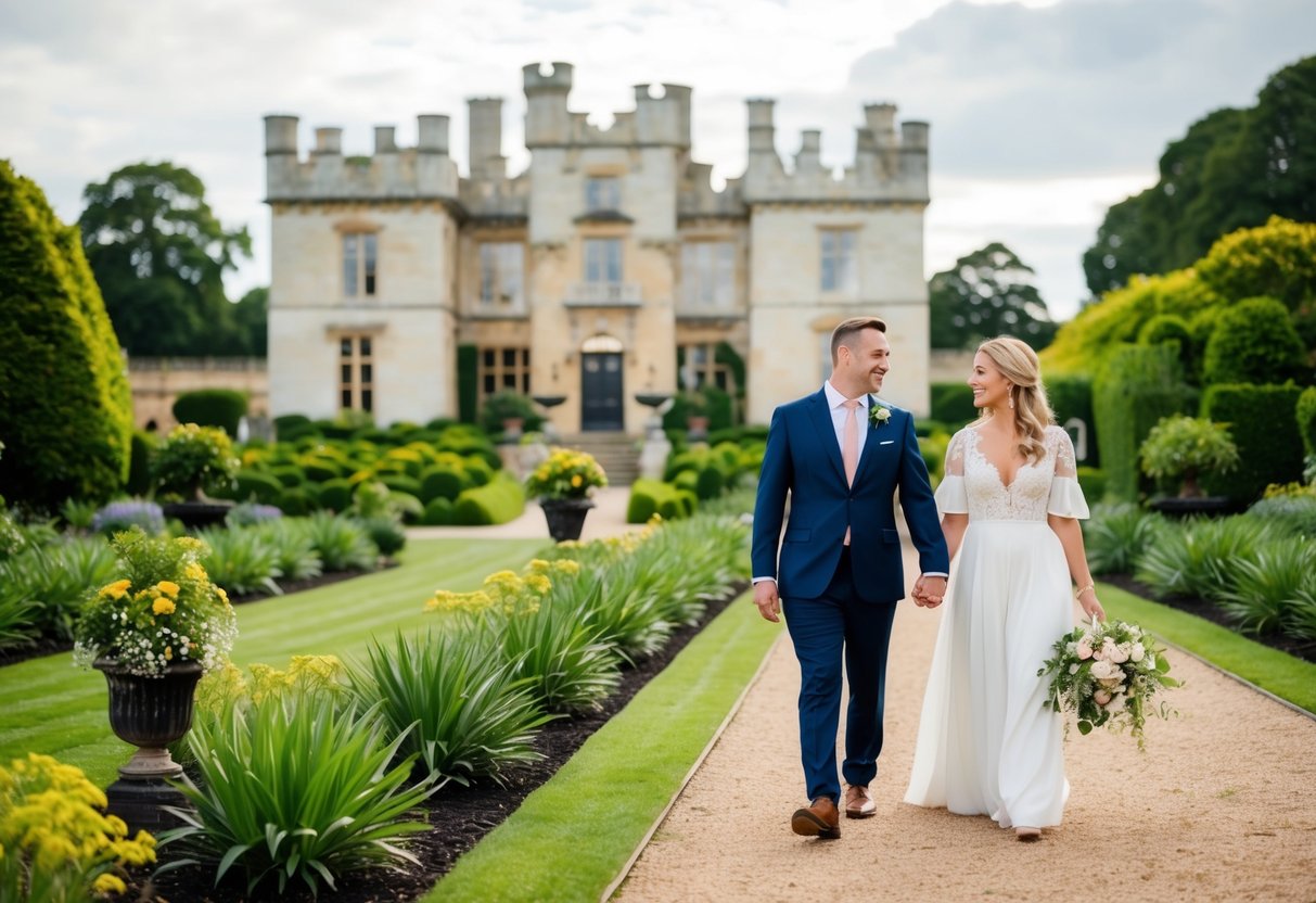 A couple strolls through the gardens of Blaise Castle House Museum, surrounded by historic architecture and lush greenery