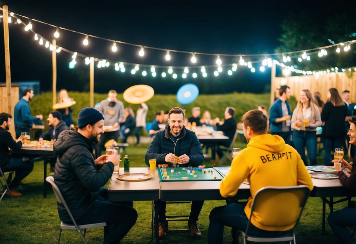 A lively outdoor game night at Bearpit in Bristol. Tables with board games, people playing frisbee, and others enjoying food and drinks